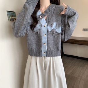 Giacche di moda maglieria con nappe <span class=keywords><strong>Cardigan</strong></span> maglione da <span class=keywords><strong>donna</strong></span> traforato <span class=keywords><strong>blu</strong></span> e grigiastro con bottone a bottone - Product Image 4