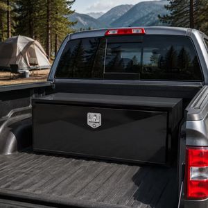 <b>Black</b> Steel Truck Tool Box Draw Box <b>Storage</b> Case with Metal Locking Latch for Outdoor Vehicle Use - Product Image 5