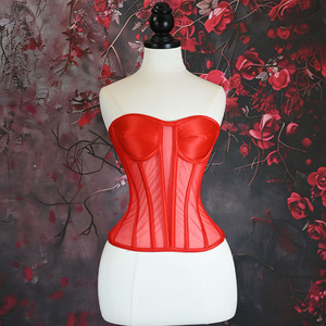 Top Corsé Glamuroso sin Tirantes con Escote Corazón, de Satén y Malla Transparente con Varillas, Estilo Bustier, para Fiesta y Noche en Club, Top Corto que Estiliza la Cintura - Product Image 5
