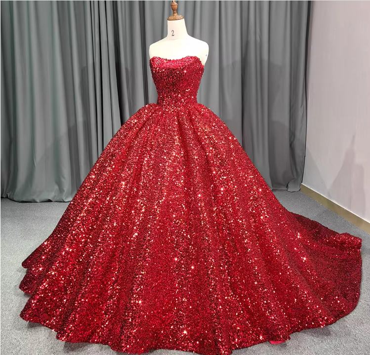 green emerald velvet dress Deep red sparkle beaded thin strap V neck ball gown wedding dress with –  classygown main image 0