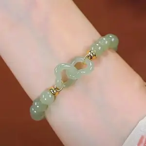 2024 joyería de moda hebilla de la suerte pulsera de piedra Natural doble corazón Jade Calcedonia pulsera de cuentas para mujeres Accesorios