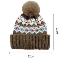 Bonnet en tricot Fair Isle nordique avec logo personnalisé, pompon, épais, chaud, motif hivernal, en acrylique doux, revers plié, pour l'hiver