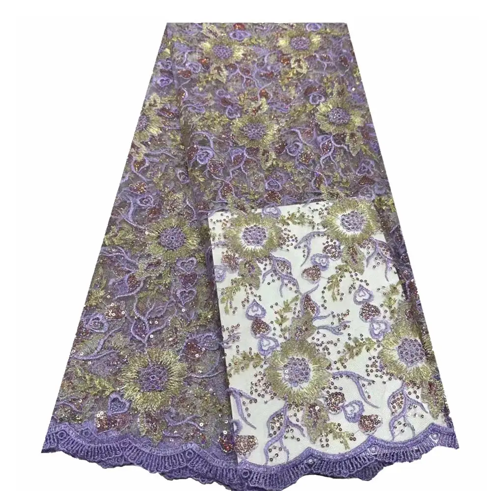Tela de encaje de lentejuelas bordada francesa púrpura barata y de alta calidad al por mayor para tela de vestido de noche de mujer