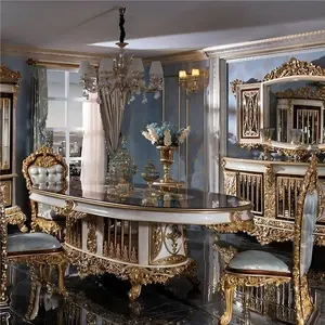 European Luxury Style Classic Dining Room Furniture Wooden Structure Fabric Upholstered Hand Carving Gold Leaf Table Set