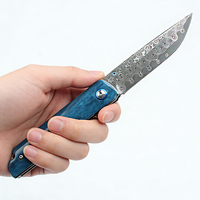 Couteau pliant artisanal en acier Damas avec manche en os teinté bleu pour le camping en plein air, collection, cadeau