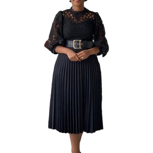 Venta al por mayor Otoño Ropa de mujer americana Vestido de encaje de ganchillo Vestido plisado Tallas grandes Manga larga Vestidos de noche de Iglesia blancos - Product Image 3