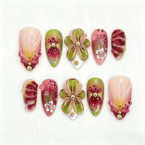 30 faux ongles à presser en amande, motif floral 3D dégradé et pois, avec feuille d'or française, collection automne-hiver, vente en gros - Product Image 1