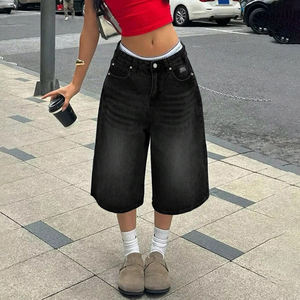 Commercio estero transfrontaliero <span class=keywords><strong>pantaloni</strong></span> corti americani in Denim retrò per <span class=keywords><strong>donna</strong></span> <span class=keywords><strong>pantaloni</strong></span> alla moda strappati <span class=keywords><strong>neri</strong></span> a gamba larga di media lunghezza - Product Image 1