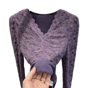 Camiseta de Malla Ajustada para Mujer, Otoño-Invierno, Forro de Piel Sintética, Capa Base de Franela con Cuello en V de Encaje, Mangas Abullonadas, Capa Interior Gruesa - Product Image 5