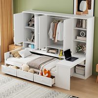 Lit combiné multifonctionnel en bois massif blanc pour chambre à coucher avec armoire de grande capacité, bureau et tiroir