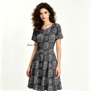 Vestido Retro <span class=keywords><strong>de</strong></span> <span class=keywords><strong>Mujer</strong></span> con Estampado <span class=keywords><strong>de</strong></span> Signo <span class=keywords><strong>de</strong></span> Paz, Estilo Hippie Vintage, Falda en Línea A, Manga Corta, en Tonos Grises - Product Image 1