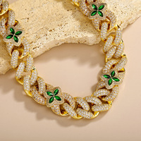 2NK25030014 Laiton Fleur Verte Vente en Gros 20mm Hip-Hop Vert Zircon Collier Personnalisé Cubain Chaîne Zircon Colliers