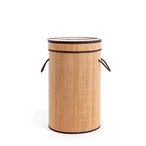 Household Foldable Round Square Bamboo Laundry Bin Clothes Storage Box Laundry Basket Organizer Hamper With Lid