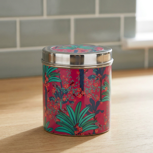 Round Stainless steel Food Container with Bohemian Tropical Print Red Airtight Lid 1-3L Storage Jar - Product Image 3