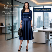 Robe décontractée élégante sur mesure pour femme, col carré, ceinture fine, jupe évasée mi-longue en satin, taille naturelle, grande taille, couleur unie
