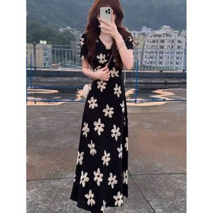 French Style Floral Black Dress V Neck Short Sleeve A Line Long Skirt For Beach Vacation Summer Casual Wear - Product Image 1