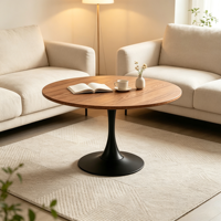 Table basse ronde Mid-Century Tulip, plateau en placage de bois, base en métal noir pour salon et café