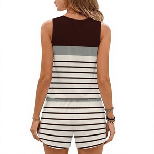 Women Striped Sleeveless Top Shorts Set O-Neck Halter Knitted Regular Fit Casual Spring Summer Wear Knee Breathable 2 Piece - Product Image 2