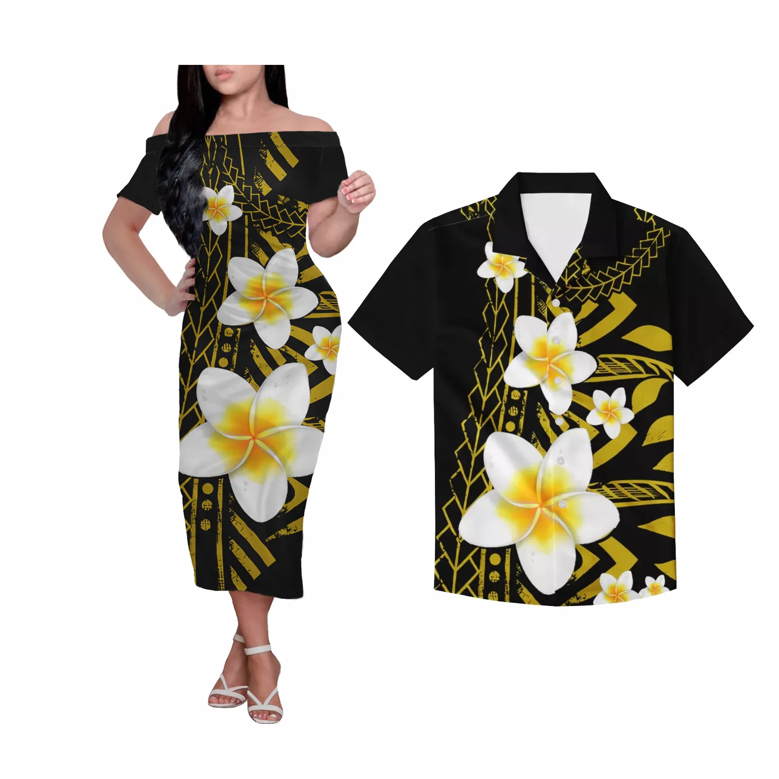 New Design Giant Plumeria Print Lovers Clothing Custom Polynesian Tribal Casual Women Short Sleeve Dress Men Shirt Couples Suit