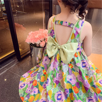 Robe d'été ample pour petite fille, style vintage, à fleurs aquarelle, avec volants, nœud surdimensionné, dos ouvert, longueur genou, tenue décontractée ODM