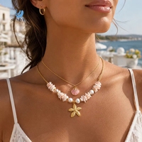 Collar SUMMLY de Moda con Colgante de Flor y Abeja de Perlas de Concha, Chapado en Oro de 18K, Acero Inoxidable, Hecho a Mano, Joyería de Moda DIY