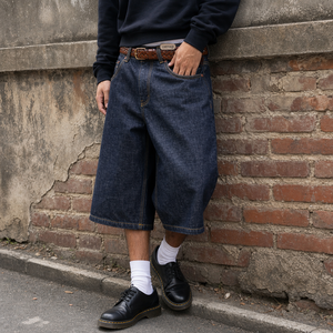 OEM Short en jean baggy pour <span class=keywords><strong>homme</strong></span>, bleu foncé, coupe large, longueur genou, délavage vintage, ourlet brut, style Bermuda 3/4 - Product Image 1