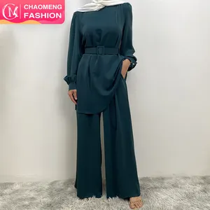 2335 + 9003 # Premium warna solid nida 2 potong set Turki setelan gaun abaya muslim wanita blus top celana longgar dengan saku sabuk