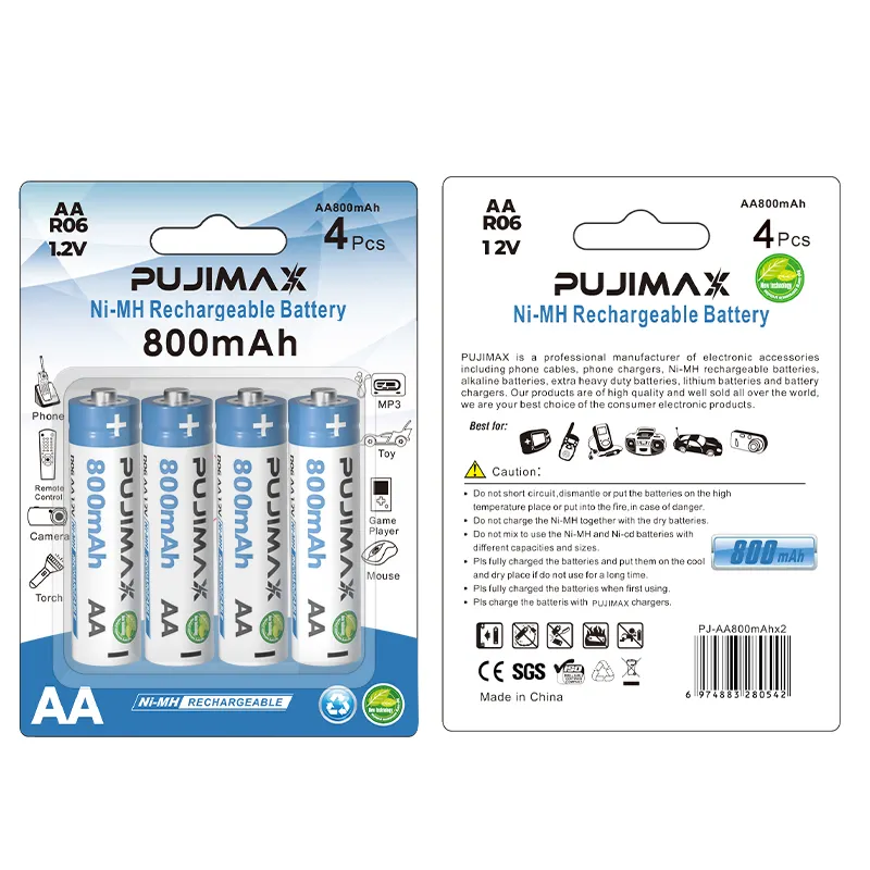PUJIMAX Durable 4 pcs suction card packaging aa 800mah 1.2v battery ni-mh battery pack for shaver camera microphone kid toys