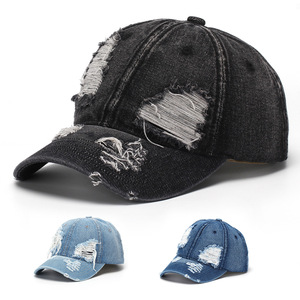 Cappellino da Baseball in Denim Strappato Stile Streetwear, Vintage, Lavato, con Visiera Curva e Top Morbido - Product Image 1