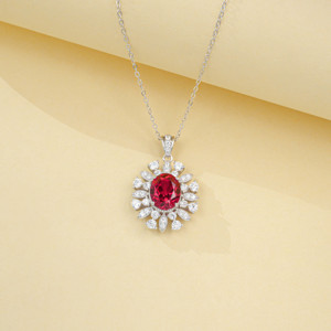 Vintage Inspired Sunburst Lab Ruby Necklace, Oval Cut Center Stone with Multi-Shape Halo Pendant in 925 Silver - Product Image 1