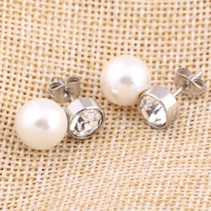 <b>Stud</b> <b>Earrings</b> 10MM Round Zircon Pearl Bezel Setting Gold Color Party Jewelry - Product Image 2