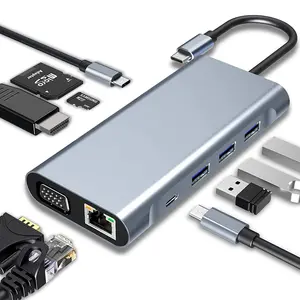 Hub USB C 10 en 1 avec lecteur de carte HD MI VGA SD TF Ethernet RJ45 10/100/1000M USB3.0 USB C dock pour ordinateur portable