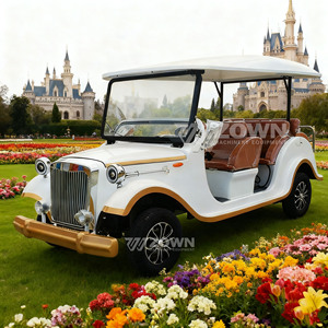 Voiture électrique de tourisme vintage blanche 8 places avec sièges marron et garnitures dorées pour utilisation en parc - Product Image 2