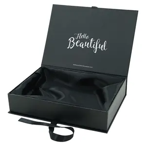 Luxe Zwart Satijn Gevoerde Haar Verpakking Dozen Custom Logo Bundel Pruik Haarverlenging Magnetische Verpakking Verpakking Doos Voor Haar