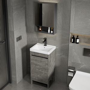 Meuble-lavabo <span class=keywords><strong>de</strong></span> salle <span class=keywords><strong>de</strong></span> bain <span class=keywords><strong>de</strong></span> luxe gris en aluminium, à poser au sol, avec vasque en céramique, double porte sans poignée, miroir intelligent LED anti-buée, pour <span class=keywords><strong>la</strong></span> maison - Product Image 3