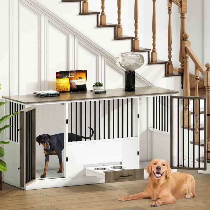 Indoor 2 Dogs Wood Dog Crate Furniture Pet Kennel with 4 Stainless ...