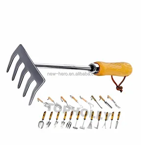 Gardening stainless steel Hand Cultivator Rake 5 Claw Tiller Tool Great for Tilling Lawn Yard Garden Planting in Wooden Handle