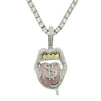 Collier pendentif langue dollar style hip-hop glacé, chaîne cubaine, bijoux bling style argent, unisexe, vente en gros