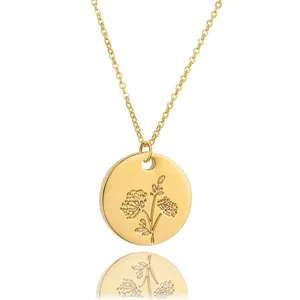 Hot Sale Custom personal isierte zierliche Edelstahl Goldmünze gravierte Geburts blume Choker Halskette Frauen Geburtstags geschenk