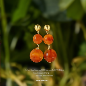 Boucles d'oreilles pendantes tendance en acier inoxydable 316L plaqué or PVD, perles d'ambre durables et résistantes - Product Image 3