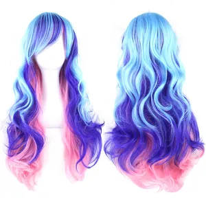 باروكة أنيمي جديدة بألوان متدرجة 2024 COS نمط هاراجوكو أزرق للنساء شعر طويل مجعد غطاء لوليتا