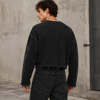 Sweat-shirt ODM pour homme, coupe oversize, en coton gaufré, couleur anthracite, effet délavé, ourlet brut, imprimé graphique, sweat-shirt court