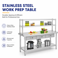 Table de préparation de cuisine en acier inoxydable avec tiroirs, double étagère supérieure et inférieure, pieds réglables, plan de travail