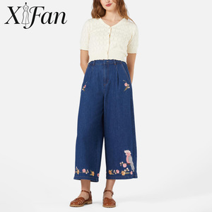 Jeans de mezclilla de cintura alta y corte holgado para mujer, estilo vintage de verano, 100% algodón, azules, bordados, de pierna ancha, OEM ODM personalizados - Product Image 2