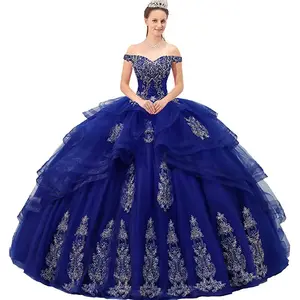 2984 Off The Shoulder Royal Blue Quinceanera Dresses 15 16 Lace Appliques Ball Gown Prom Dress Tulle Masquerade Gown