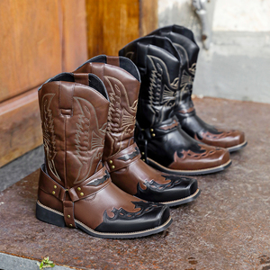 <strong>Men's</strong> Winter Casual <strong>Tall</strong> <strong>Boots</strong> with Embroidery Square Toe and Chunky Heel Slip Resistant Cowboy <strong>Boots</strong> - Product Image 1