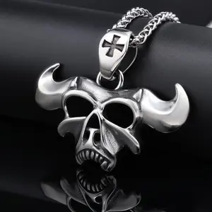 Gothic Horned Demon Skull Pendant Retro Stainless Steel Cow Satan Baphomet Ram Skull Necklace for Men Women