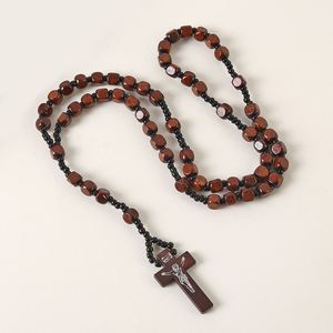 Catholic Cross Rosary Necklace 8 * 8 Square Wooden Beads Pendant Worn on the Head <b>Easter</b> Christmas <b>Ornaments</b> Wholesale - Product Image 6