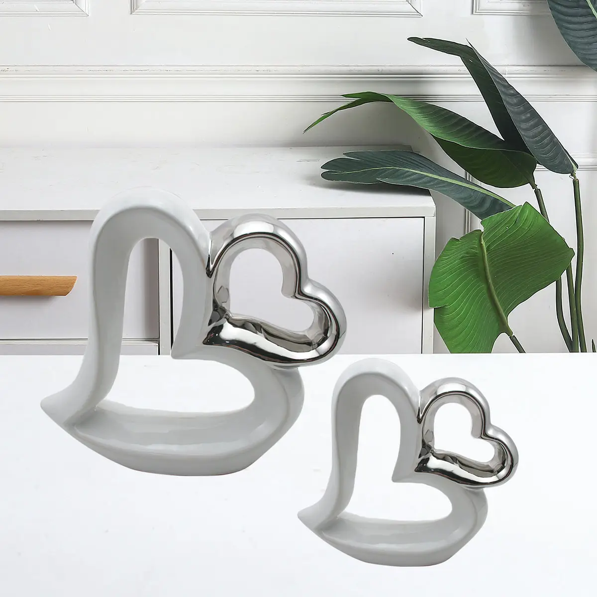 Customizable Silver Electroplated Heart-Shaped Ceramic Ornaments Christmas Table & Home Marriage Decoration