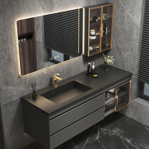 Mueble de Baño Moderno de Lujo Ligero, Montado en la Pared, <span class=keywords><strong>con</strong></span> Lavabo de Cerámica de Piedra Sinterizada sin Costuras, Espejo Inteligente <span class=keywords><strong>con</strong></span> Almacenamiento para Vestidor - Product Image 1